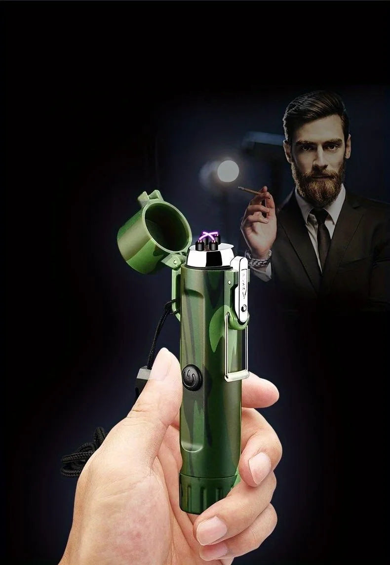 Electric Windproof Metal Lighter Flameless Dual Arc Plasma Rechargeable USB Waterproof Lighter with Flashlight Outdoor Tools