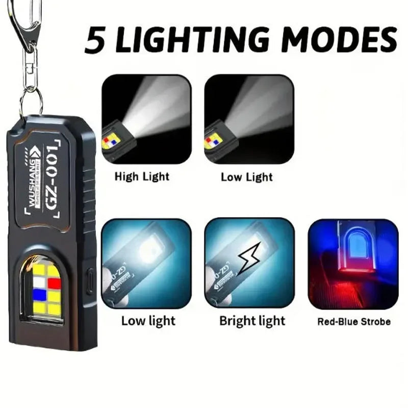 Powerful Mini COB LED Keychain Flashlight USB C Rechargeable Hanging Work Light Waterproof Keyring Camping Walking Pocket Lamp