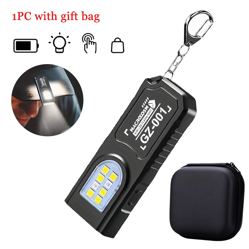 Powerful Mini COB LED Keychain Flashlight USB C Rechargeable Hanging Work Light Waterproof Keyring Camping Walking Pocket Lamp
