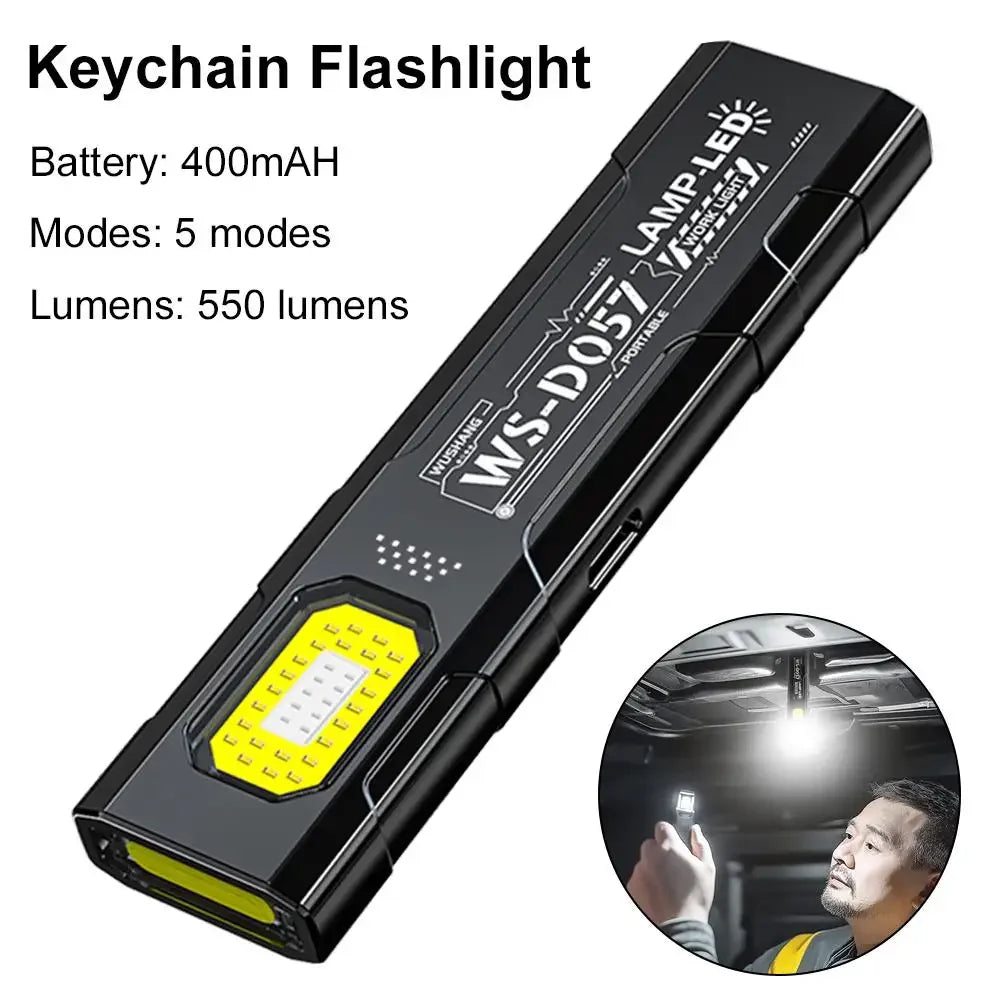 Powerful Mini COB LED Keychain Flashlight USB C Rechargeable Hanging Work Light Waterproof Keyring Camping Walking Pocket Lamp