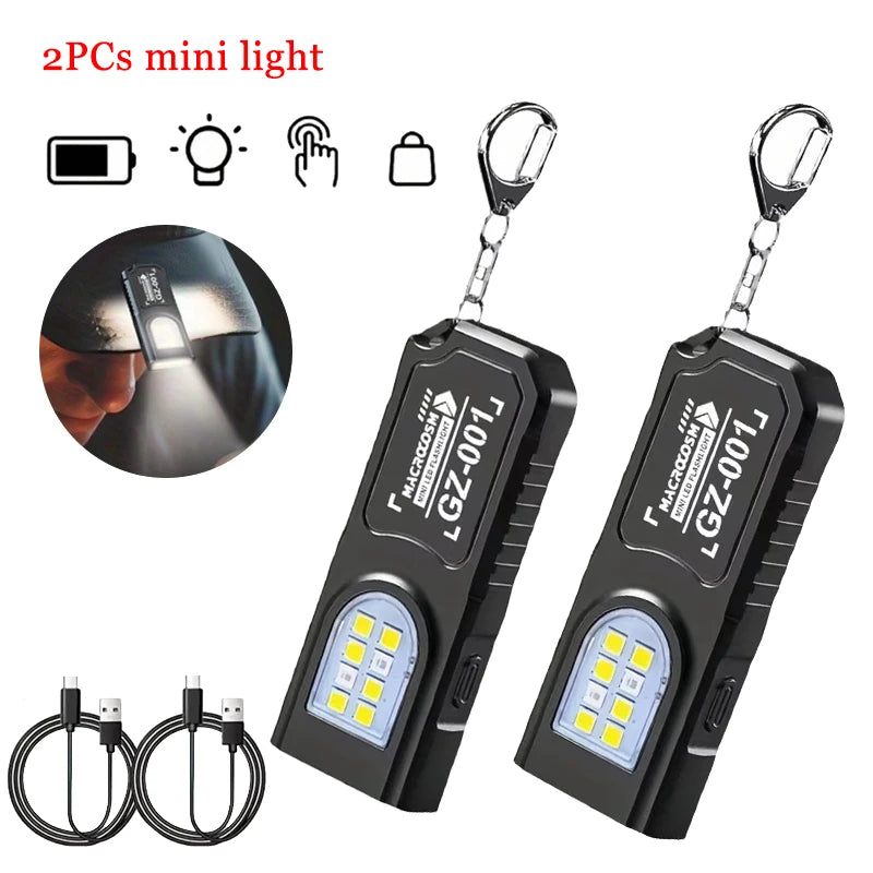 Powerful Mini COB LED Keychain Flashlight USB C Rechargeable Hanging Work Light Waterproof Keyring Camping Walking Pocket Lamp