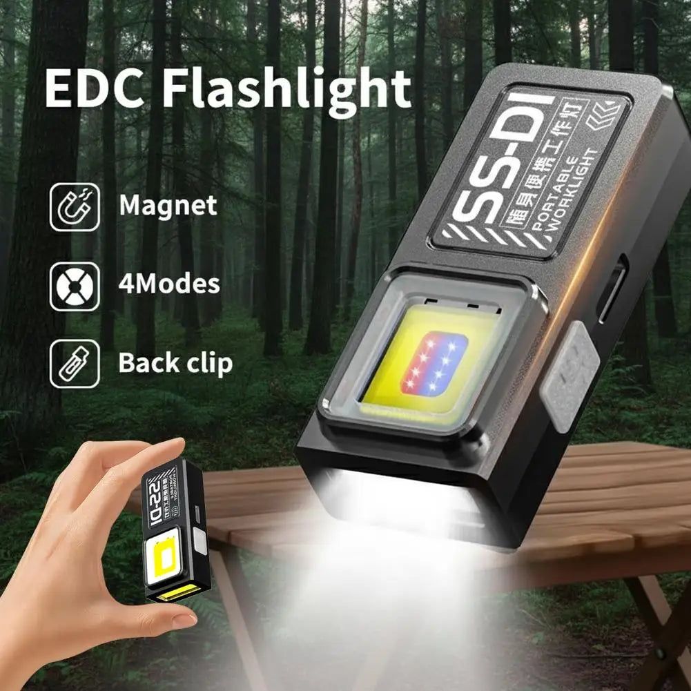 Powerful Mini COB LED Keychain Flashlight USB C Rechargeable Hanging Work Light Waterproof Keyring Camping Walking Pocket Lamp