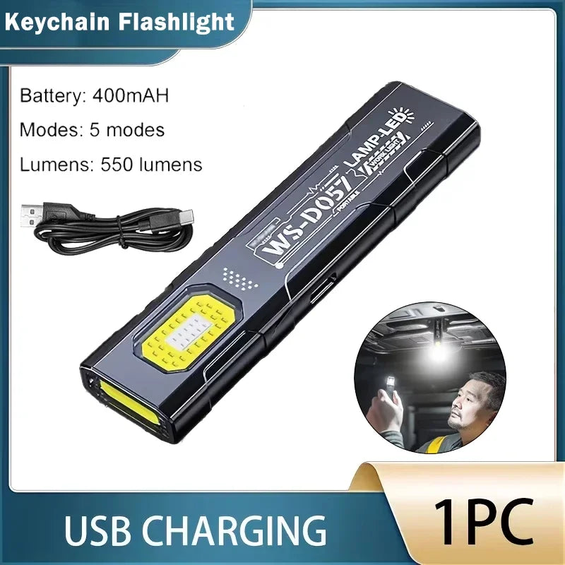 Powerful Mini COB LED Keychain Flashlight USB C Rechargeable Hanging Work Light Waterproof Keyring Camping Walking Pocket Lamp