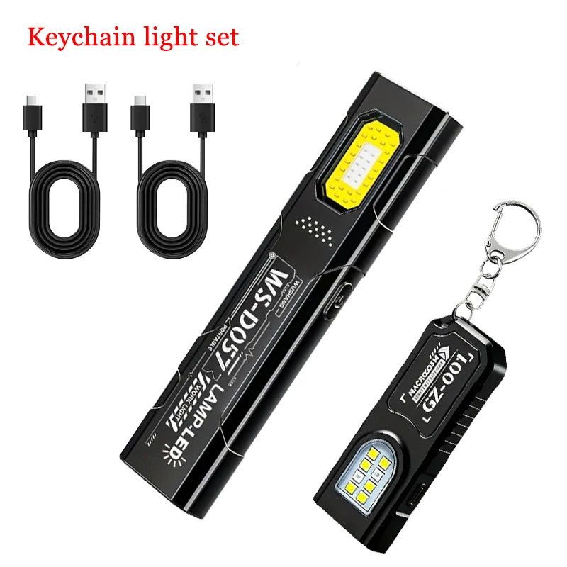 Powerful Mini COB LED Keychain Flashlight USB C Rechargeable Hanging Work Light Waterproof Keyring Camping Walking Pocket Lamp