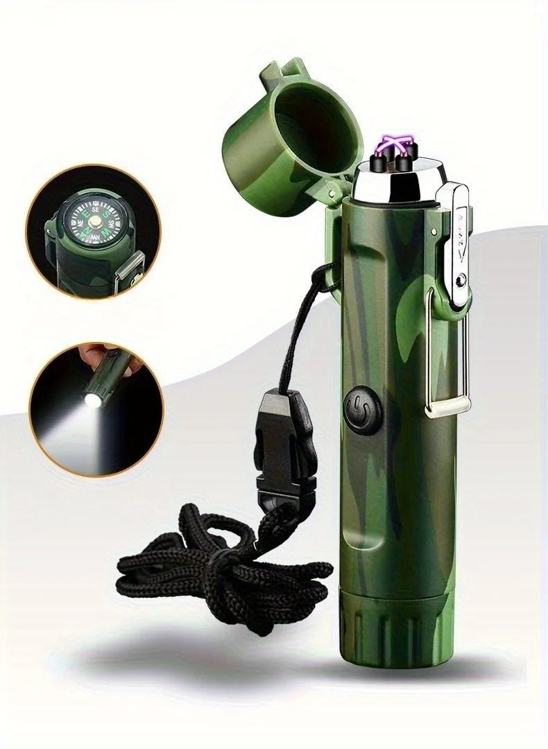 Electric Windproof Metal Lighter Flameless Dual Arc Plasma Rechargeable USB Waterproof Lighter with Flashlight Outdoor Tools
