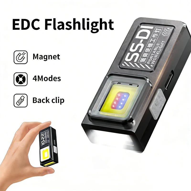 Powerful Mini COB LED Keychain Flashlight USB C Rechargeable Hanging Work Light Waterproof Keyring Camping Walking Pocket Lamp