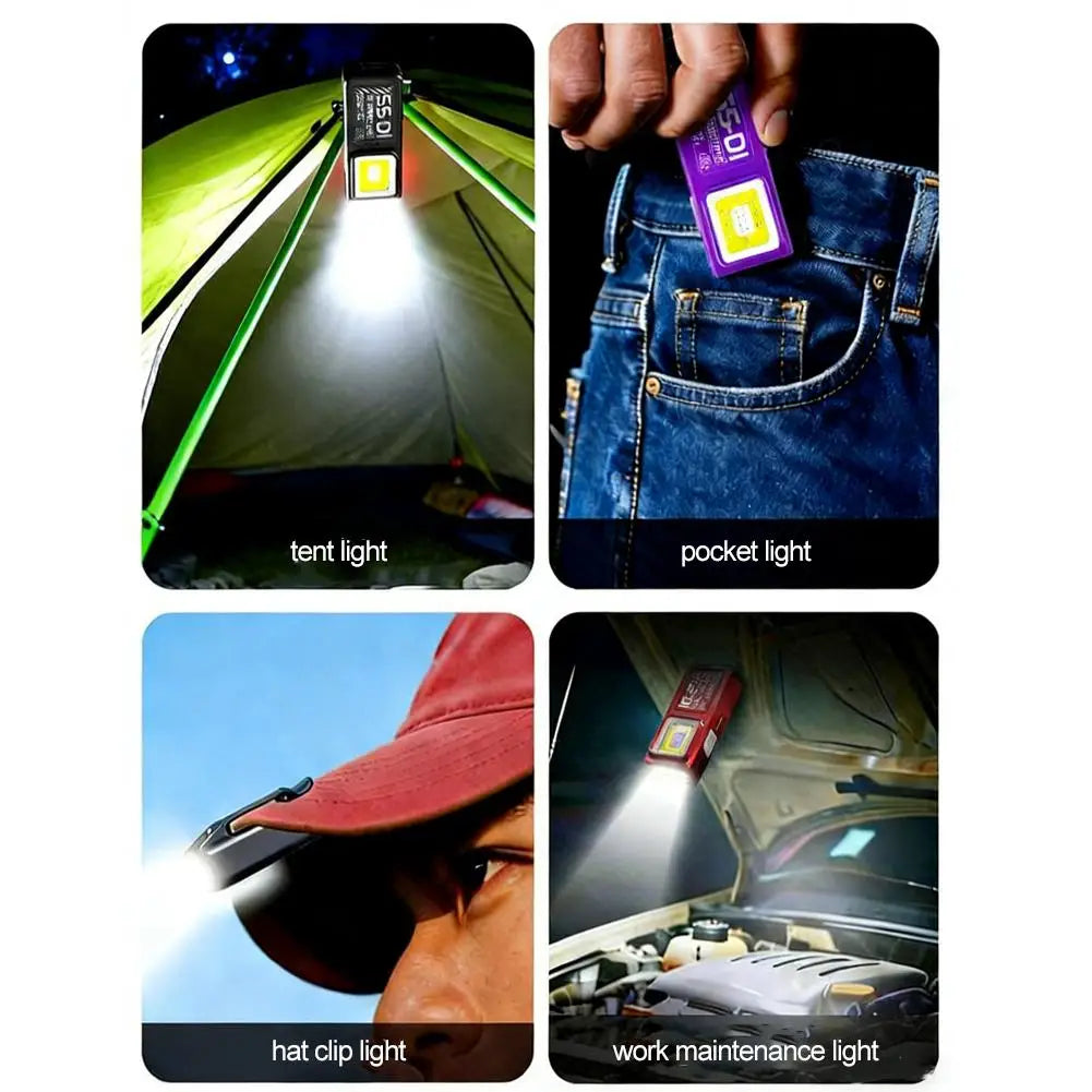 Powerful Mini COB LED Keychain Flashlight USB C Rechargeable Hanging Work Light Waterproof Keyring Camping Walking Pocket Lamp